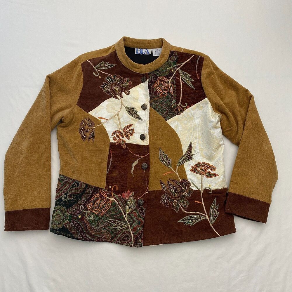 BFA Embroidered Patchwork Tapestry Jacket Womens 14 Brown Floral Grandmacore